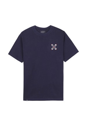 T-shirt en coton bleu marine à manches courtes, col rond, avec un petit motif floral sur la poitrine gauche. Texture lisse, coupe standard.