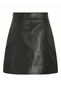 Svart skinnminiskjørt med glatt tekstur, høy midje og to lommer foran. Har subtile sømdetaljer.