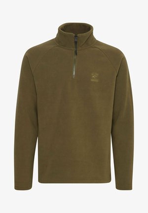 Olijfgroene fleece pullover met hoge kraag, rits aan de voorkant en lange mouwen. Heeft een klein logo op de borst. Gladde textuur.