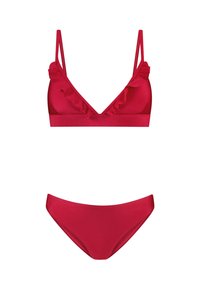 Rotes Bikini-Set mit einem dreieckigen Oberteil mit Rüschendetails und verstellbaren Trägern, kombiniert mit passenden tief sitzenden Unterteilen.