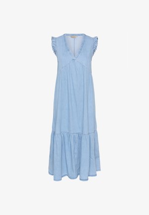Světle modré denimové šaty s volánkovými krátkými rukávy, výstřihem do V a sukňou s volány. Vyrobeno z měkké látky, s volným střihem a čistými švy.