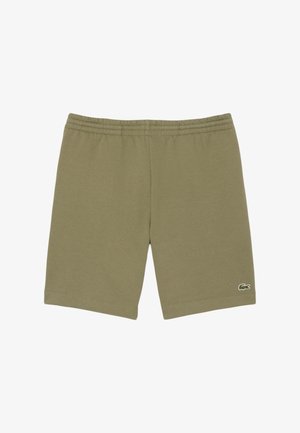 Shorts vert olive en tissu doux en mélange de coton, dotés d'une taille élastique et d'un petit logo brodé en bas à gauche.