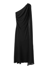 Vestido negro de un solo hombro con tela drapeada, pliegues en el corsé y una falda fluida. Material suave y diseño hasta los tobillos.