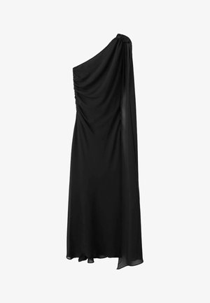 Čierne šaty na jedno rameno s drapériou, skladmi na korsete a splývavou sukňou. Hladký materiál a dizajn po členky.