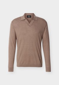 Pull en maille marron à manches longues avec col et encolure en V, fabriqué en tissu léger, avec poignets et ourlet côtelés.
