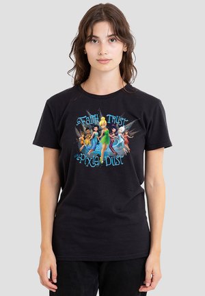 Black cotton t-shirt featuring a front graphic of fairies in colorful dresses, with the text "Faith, Trust, Pixie Dust" in blue.