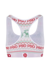 Weißer Sport-Bralette mit einem rot-grünen, festlichen Muster, das Rentiere und Zickzack-Designs zeigt. Logo-Band am unteren Rand.