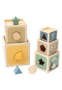Wooden stacking blocks in pastel colors, featuring various shapes and animal illustrations, with removable geometric pieces in soft hues.