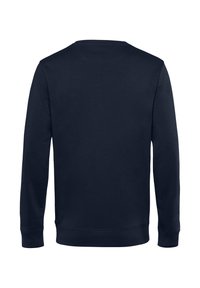 Felpa a maniche lunghe blu navy con colletto a giro, caratterizzata da una texture liscia e polsini e orlo a costine. Senza loghi o motivi visibili.
