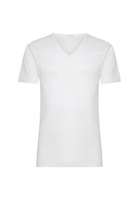 T-shirt bianco a maniche corte con scollo a V realizzato in tessuto morbido, caratterizzato da un design classico fitted con una texture liscia e senza motivi o dettagli.