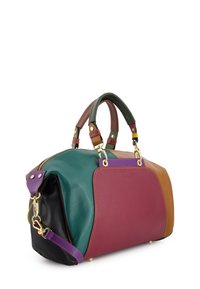 Colorful leather handbag featuring green, black, burgundy, brown, and orange panels. It has dual handles and a detachable shoulder strap.