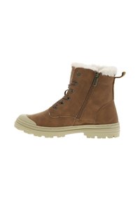 Bottines en simili cuir marron avec un col en fausse fourrure blanche, devant lacé et fermeture éclair sur le côté. Dispose d'une semelle en caoutchouc beige avec traction.