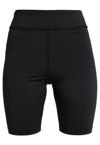 Černé sportovní šortky z elastického materiálu, které mají vysoký pas, hladkou texturu a délku po kolena s plochými švy.