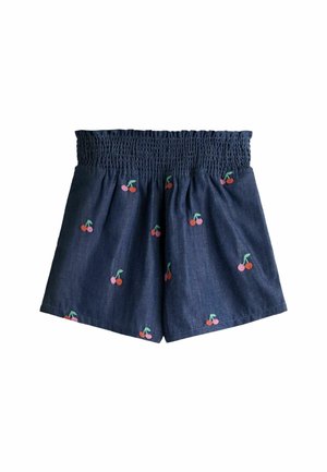 Pantaloni scurți cu talie elastică bleumarin, cu modele brodate de cireșe roșii și roz dispersate pe material.