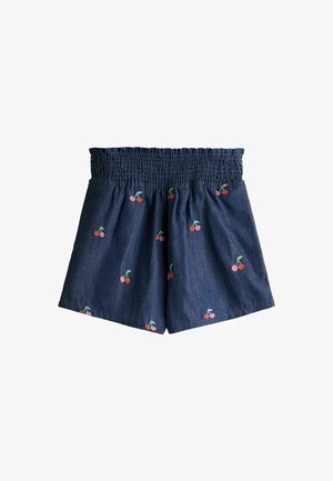 Marineblaue Shorts mit elastischem Bund, bestickt mit roten und rosa Kirschmustern, die über den Stoff verteilt sind.