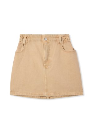 Gonna di jeans beige con vita aderente, dettagli elasticizzati, due tasche frontali e una silhouette A-line semplice.