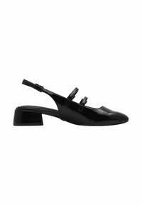 Chaussure slingback en cuir verni noir avec deux fines brides et un petit talon bloc, vue de profil sur fond blanc.