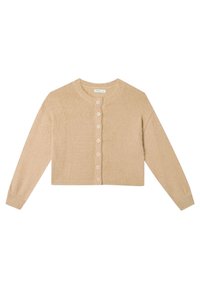 Beige verkürzter Cardigan aus weichem Textil, mit rundem Halsausschnitt und sieben vorderen Knöpfen sowie langen Ärmeln.