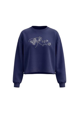 Marineblå cropped sweatshirt med lange ærmer og et motiv af en sommerfugl og blomst i rhinsten på brystet.