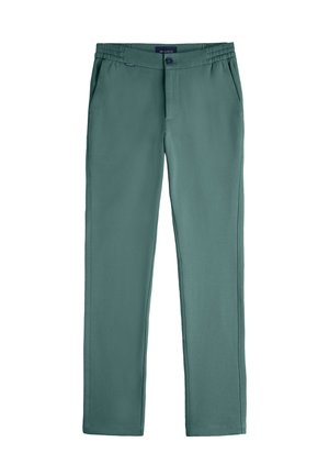 Pantalons droits teal pour homme avec taille élastique, fermeture à bouton, poches latérales et coutures avant discrètes.