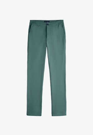 Pantalons droits teal pour homme avec taille élastique, fermeture à bouton, poches latérales et coutures avant discrètes.