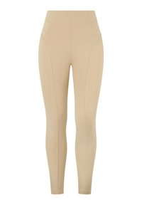 Leggings beige a vita alta con una texture liscia, caratterizzati da dettagli di cuciture diagonali e un design aderente. Nessuna tasca visibile.