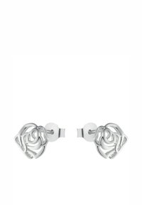 Silver studörhängen designade som öppna rosformer med fjärilslås på en vit bakgrund.