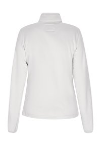 Giacca in fleece grigia chiara con colletto alto, maniche lunghe e una texture liscia. Presenta un'etichetta quadrata sulla parte alta della schiena.