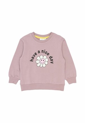 Világos rózsaszín pulóver kerek nyakkivágással, rugalmas mandzsettákkal és egy mosolygó virág grafikával, melyen a "have a nice day" felirat szerepel fekete színben.