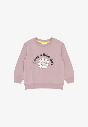 Light pink sweatshirt with a round neckline, elastic cuffs, and a smiling flower graphic with the text "have a nice day" in black.