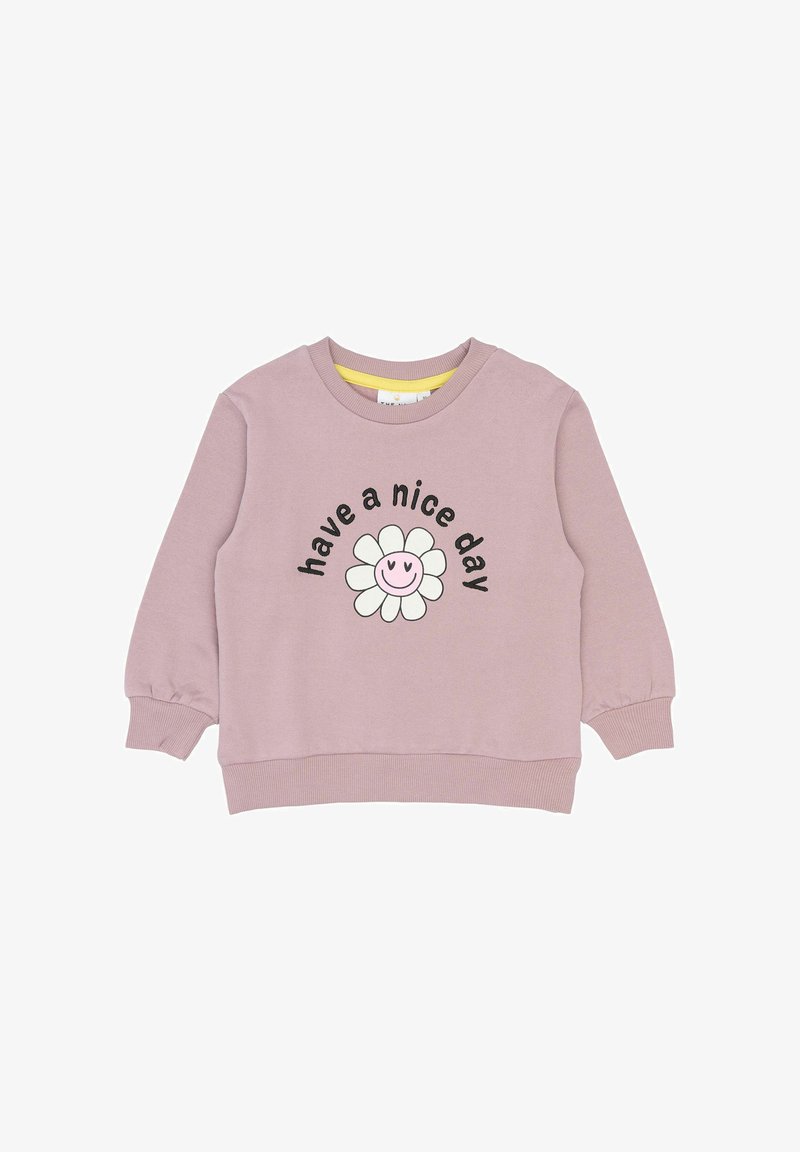 Light pink sweatshirt with a round neckline, elastic cuffs, and a smiling flower graphic with the text "have a nice day" in black.