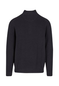 Ciemnogranatowy sweter z prążkowanej dzianiny, z wysokim kołnierzem, długimi rękawami i luźnym krojem. Posiada fakturowaną dzianinę oraz prążkowane mankiety i dół.