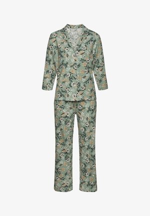 Ziedu pidžamu komplekts zaļā krāsā, kurā ietilpst pogājams žakets ar garām piedurknēm un saskaņotas bikses, rotātas ar melniem, baltiem un oranžiem ziediem.