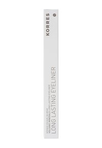 Envase rectangular blanco con texto gris. Producto etiquetado como "Delineador de Ojos de Larga Duración Korres", indicando color intenso y minerales volcánicos.