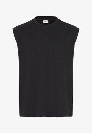 Black sleeveless t-shirt made of cotton, featuring a round neckline and a straight cut. Simple design with no patterns or accents.