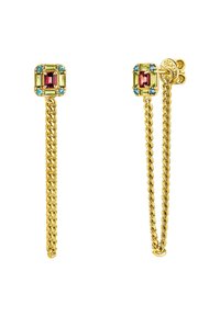 Pendientes colgantes en tono dorado que presentan acentos de piedras preciosas en forma de cuadrado en rosa y verde claro, con detalles en azul claro y un diseño de cadena.