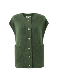 Groene gebreide mouwloze cardigan met zes knopen aan de voorkant en twee voorzakken.