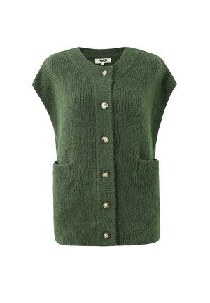Groene gebreide mouwloze cardigan met zes knopen aan de voorkant en twee voorzakken.