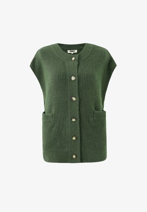 Green knitted sleeveless cardigan with six buttons down the front and two front patch pockets.
