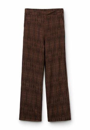 Brown wide-leg pants with vertical and subtle checkered pattern, featuring an elastic waistband and side pockets.