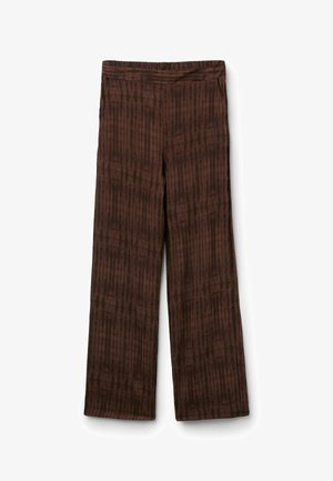 Bruine broek met wijde pijpen en een verticale, subtiele ruitpatroon, met een elastische tailleband en zijzakken.