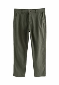 Olive green casual trousers with front pockets, belt loops, button closure, and straight leg fit on white background.