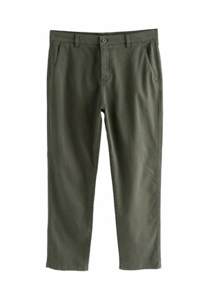 Olive green casual trousers with front pockets, belt loops, button closure, and straight leg fit on white background.