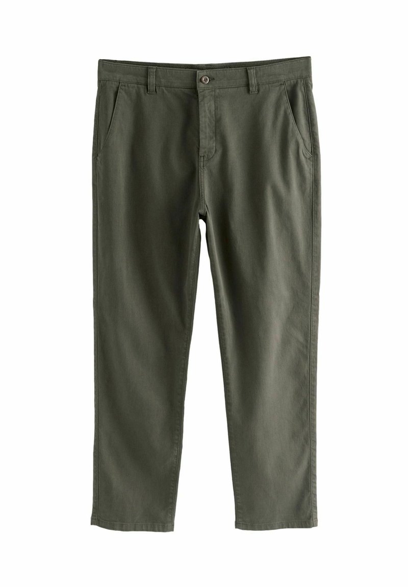 Olive green casual trousers with front pockets, belt loops, button closure, and straight leg fit on white background.