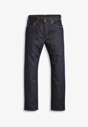 Tmavě modré džíny z denimu se středním střihem, designem s pěti kapsami, kovovými detaily a kontrastním oranžovým švem. Hladká textura, bez viditelných vzorů.