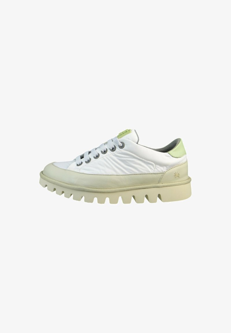 White sneaker with a textured upper, lime green accents, and a chunky beige platform sole featuring prominent grooves and laces.