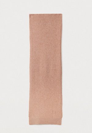 Soft pink knitted rectangular scarf with subtle ribbed edges on a plain white background.