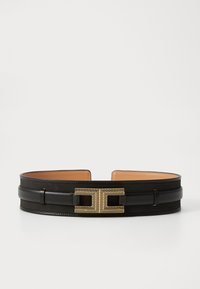 Black leather belt with a wide design. Features a gold-colored mesh buckle with a geometric pattern, lined with smooth tan leather.
