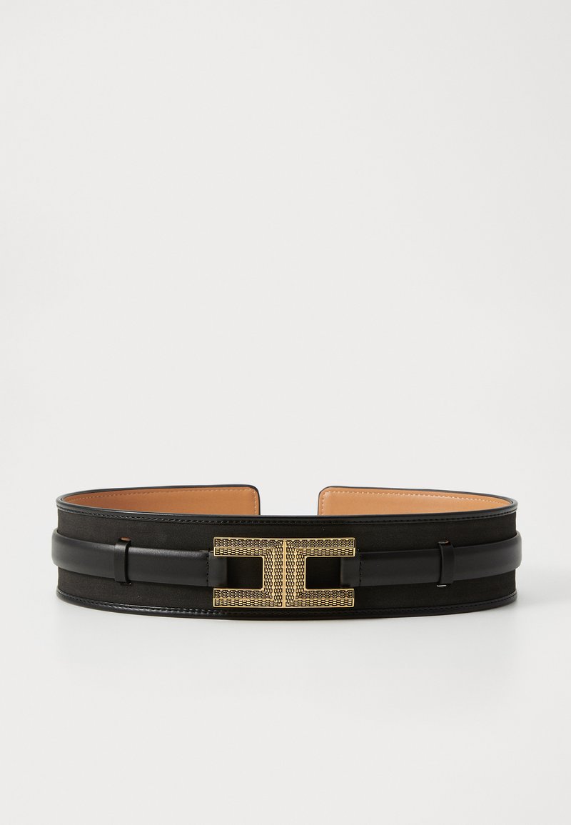 Black leather belt with a wide design. Features a gold-colored mesh buckle with a geometric pattern, lined with smooth tan leather.