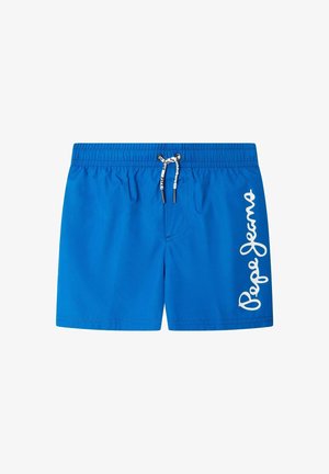 Blaue Badeshorts mit elastischem Bund und weißem Kordelzug, mit "Pepe Jeans"-Logo vertikal am rechten Bein.